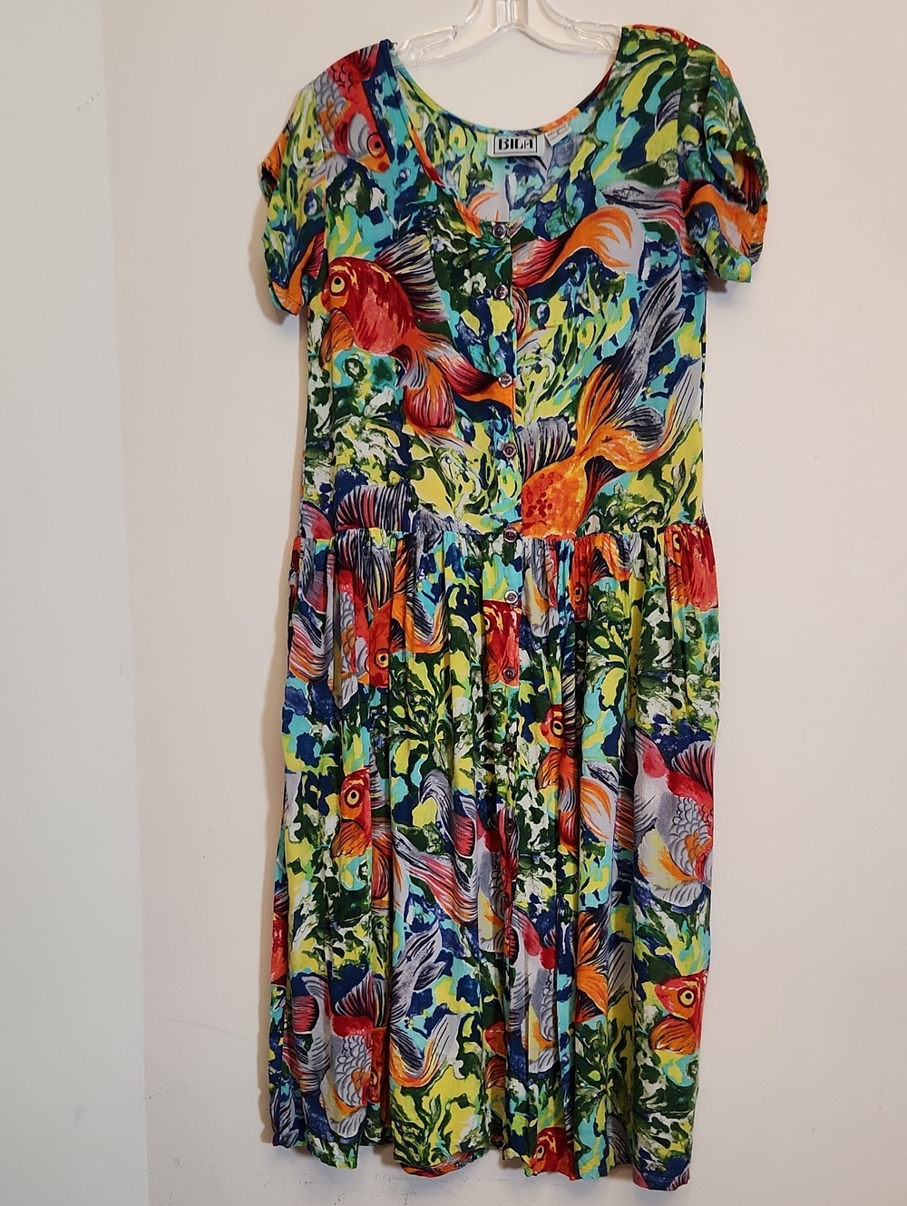 Vtg 80s 90s Bila Multicolor Goldfish Novelty Print Midi Dress Size S Relaxed Fit